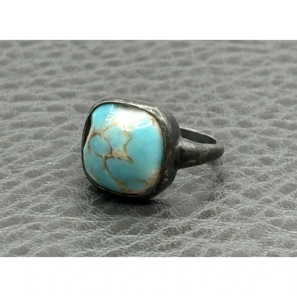 Vintage Uncas Oxidized Sterling Silver Faux Turquoise Blue Ring Ladies Sz 4.5